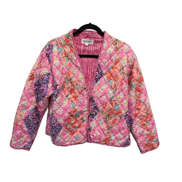 Beau & Ro Quilted Patchwork Jacket Pink Floral Cotton Blend Button Front XL - Picture 3 of 12